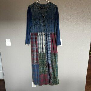 Vintage Denim & Plaid Patchwork Maxi Dress With Long Sleeves & Button Front